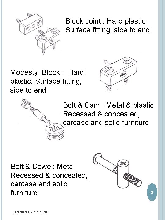 Block Joint : Hard plastic Surface fitting, side to end Modesty Block : Hard