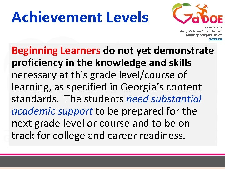 Achievement Levels Richard Woods Georgia’s School Superintendent “Educating Georgia’s Future” gadoe. org Beginning Learners