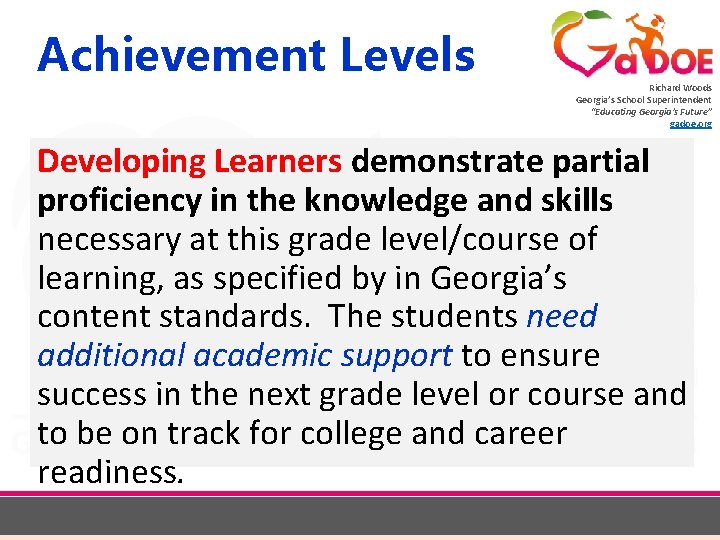 Achievement Levels Richard Woods Georgia’s School Superintendent “Educating Georgia’s Future” gadoe. org Developing Learners