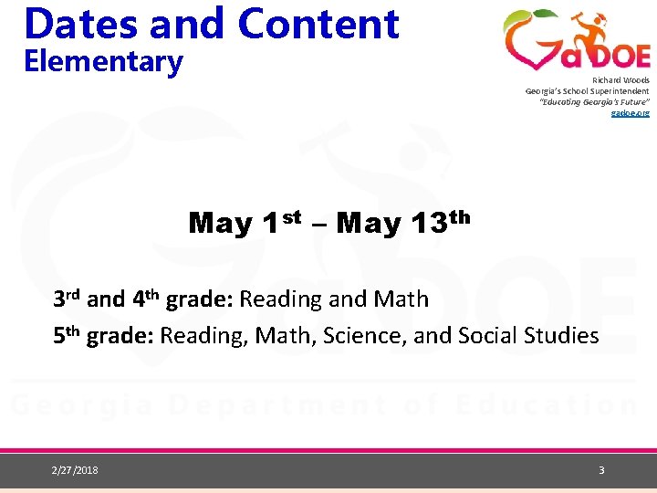 Dates and Content Elementary Richard Woods Georgia’s School Superintendent “Educating Georgia’s Future” gadoe. org