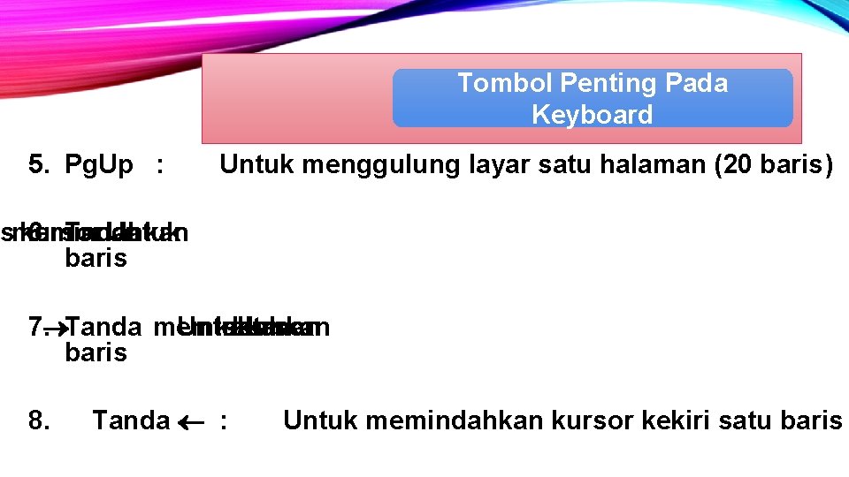 Tombol Penting Pada Keyboard 5. Pg. Up : Untuk menggulung layar satu halaman (20