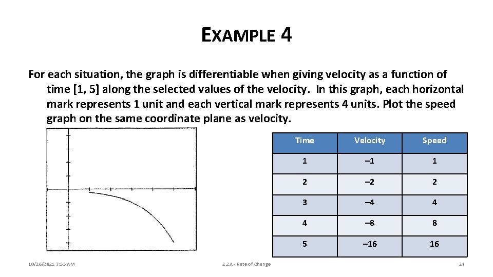 EXAMPLE 4 For each situation, the graph is differentiable when giving velocity as a EXAMPLE 4 For each situation, the graph is differentiable when giving velocity as a