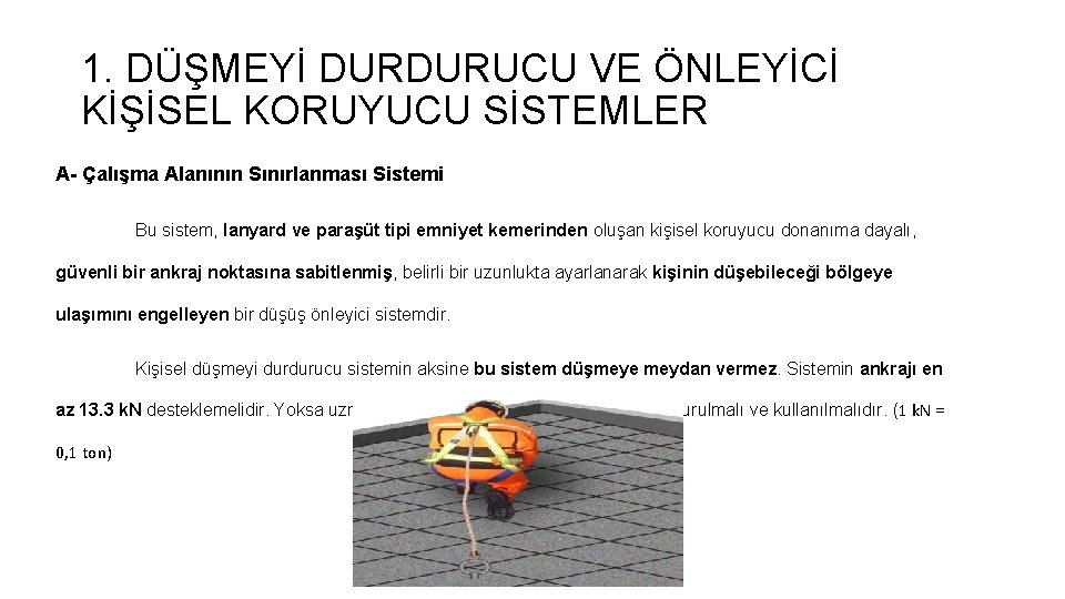 1. DÜŞMEYİ DURDURUCU VE ÖNLEYİCİ KİŞİSEL KORUYUCU SİSTEMLER A- Çalışma Alanının Sınırlanması Sistemi Bu