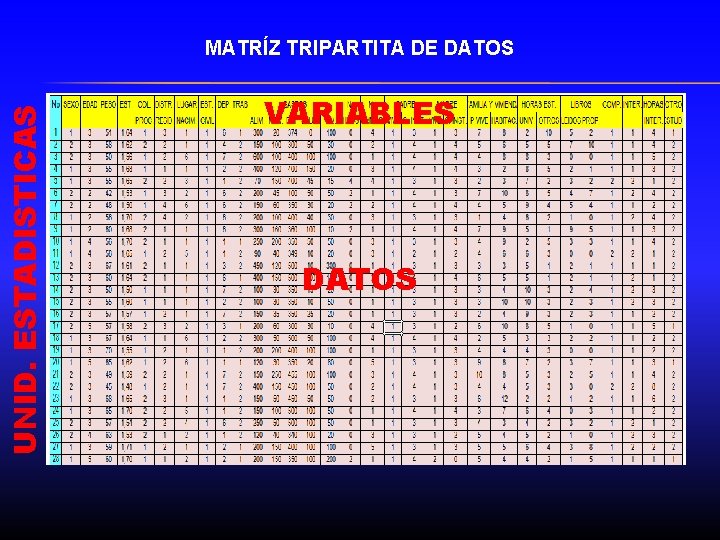 UNID. ESTADISTICAS MATRÍZ TRIPARTITA DE DATOS VARIABLES DATOS 
