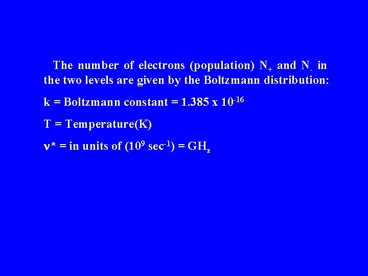 The number of electrons (population) N+ and N- in the two levels are given