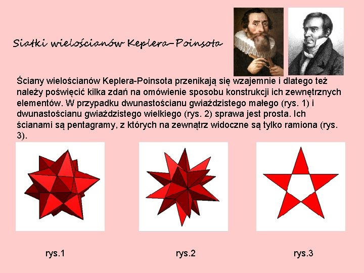 Siatki wielościanów Keplera-Poinsota Ściany wielościanów Keplera-Poinsota przenikają się wzajemnie i dlatego też należy poświęcić