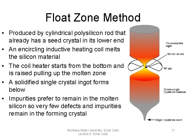 Float Zone Method • Produced by cylindrical polysilicon rod that already has a seed
