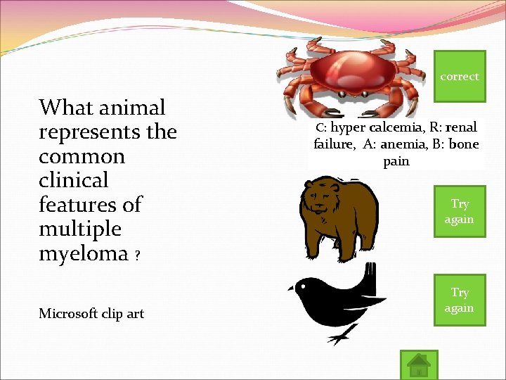 correct What animal represents the common clinical features of multiple myeloma ? Microsoft clip