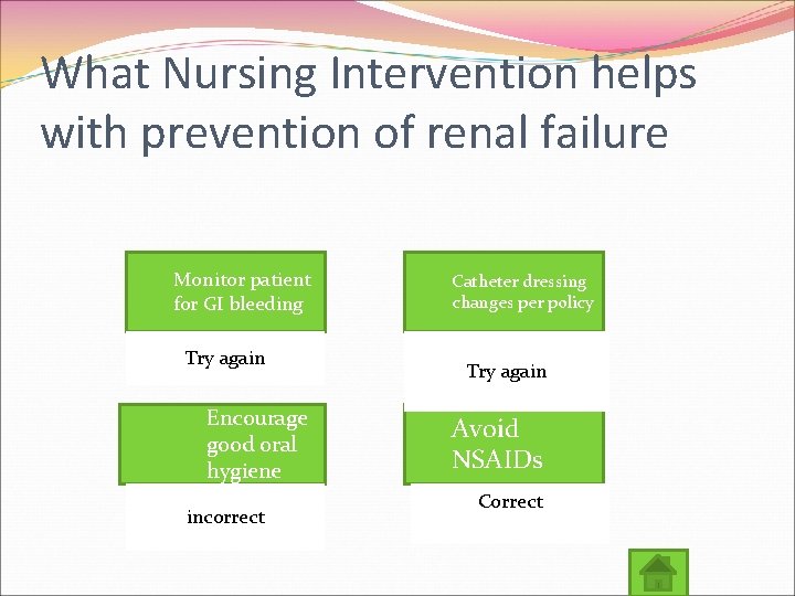 What Nursing Intervention helps with prevention of renal failure Monitor patient for GI bleeding