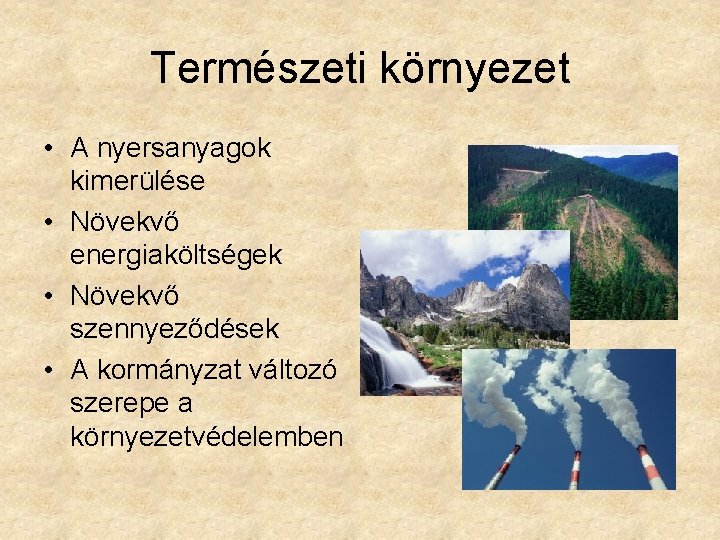 Természeti környezet • A nyersanyagok kimerülése • Növekvő energiaköltségek • Növekvő szennyeződések • A