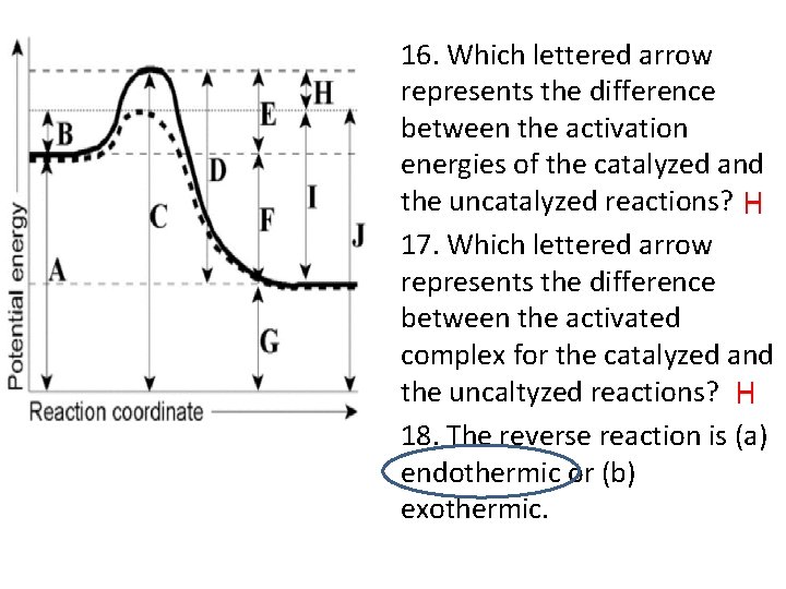 16. Which lettered arrow represents the difference between the activation energies of the catalyzed