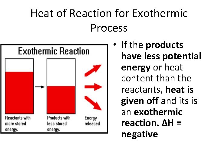 Heat of Reaction for Exothermic Process • If the products have less potential energy