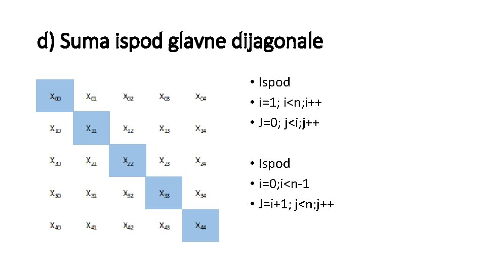 d) Suma ispod glavne dijagonale • Ispod • i=1; i<n; i++ • J=0; j<i;