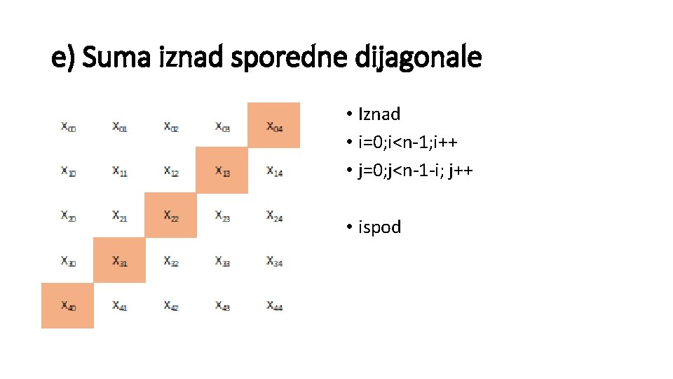 e) Suma iznad sporedne dijagonale • Iznad • i=0; i<n-1; i++ • j=0; j<n-1