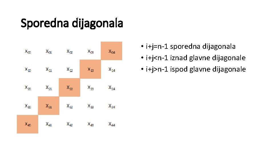 Sporedna dijagonala • i+j=n-1 sporedna dijagonala • i+j<n-1 iznad glavne dijagonale • i+j>n-1 ispod