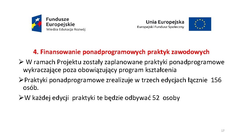 4. Finansowanie ponadprogramowych praktyk zawodowych Ø W ramach Projektu zostały zaplanowane praktyki ponadprogramowe wykraczające