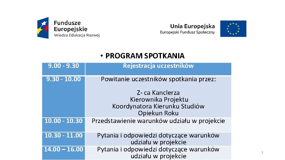  • PROGRAM SPOTKANIA 9. 00 - 9. 30 Rejestracja uczestników 9. 30 -