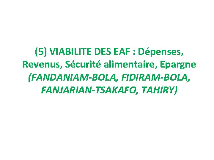 (5) VIABILITE DES EAF : Dépenses, Revenus, Sécurité alimentaire, Epargne (FANDANIAM-BOLA, FIDIRAM-BOLA, FANJARIAN-TSAKAFO, TAHIRY)