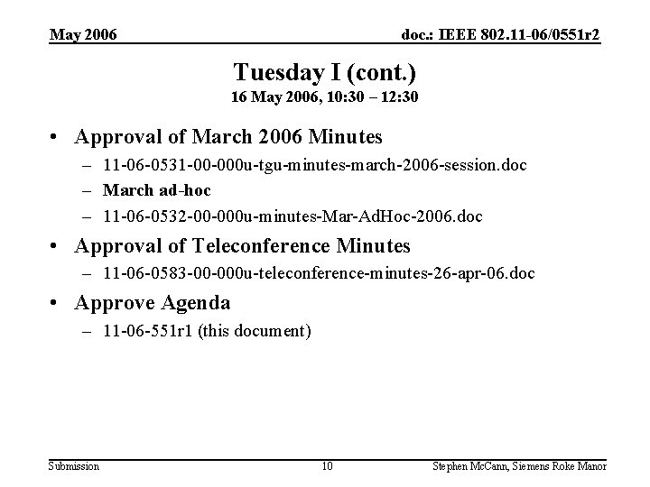 May 2006 doc. : IEEE 802. 11 -06/0551 r 2 Tuesday I (cont. )