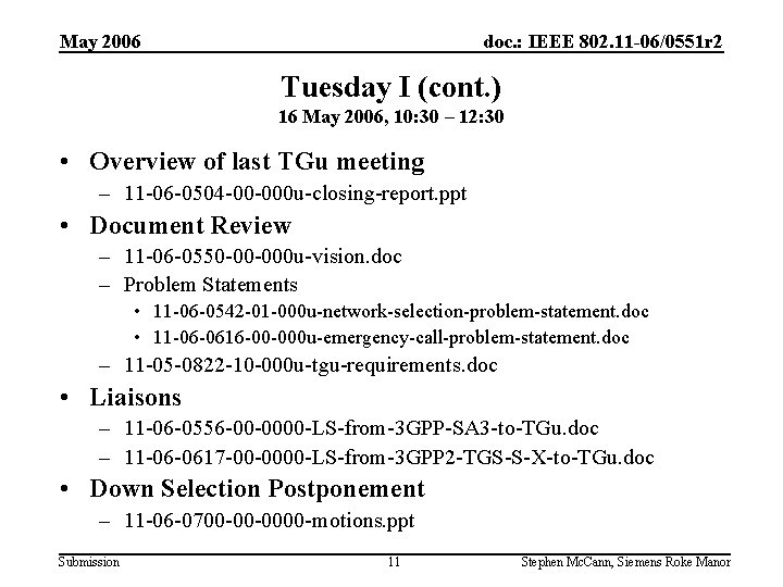 May 2006 doc. : IEEE 802. 11 -06/0551 r 2 Tuesday I (cont. )