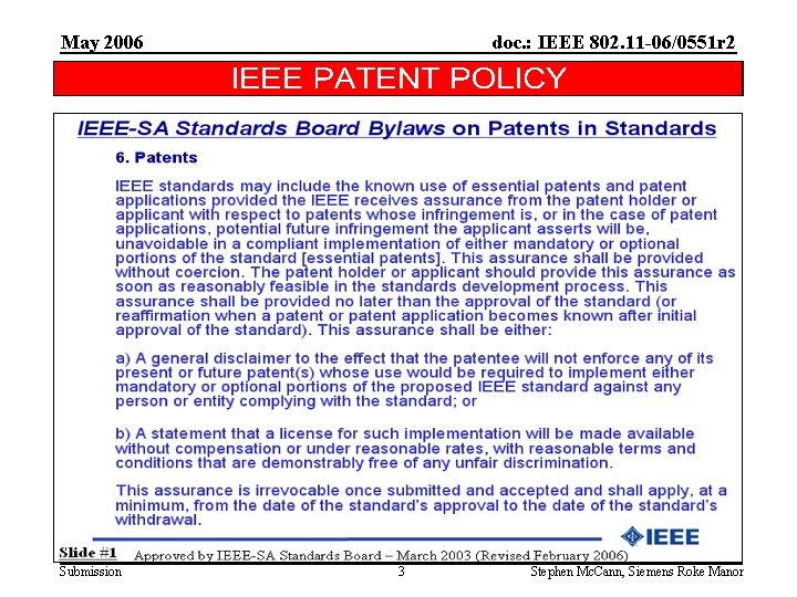 May 2006 Submission doc. : IEEE 802. 11 -06/0551 r 2 3 Stephen Mc.