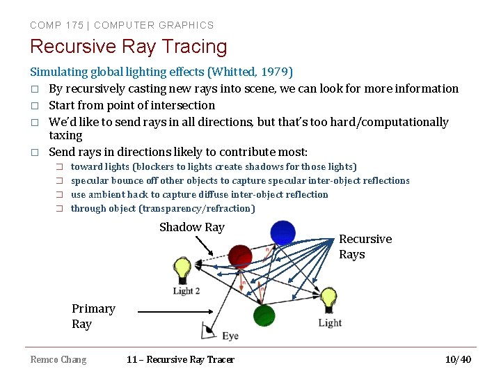 COMP 175 | COMPUTER GRAPHICS Recursive Ray Tracing Simulating global lighting effects (Whitted, 1979)