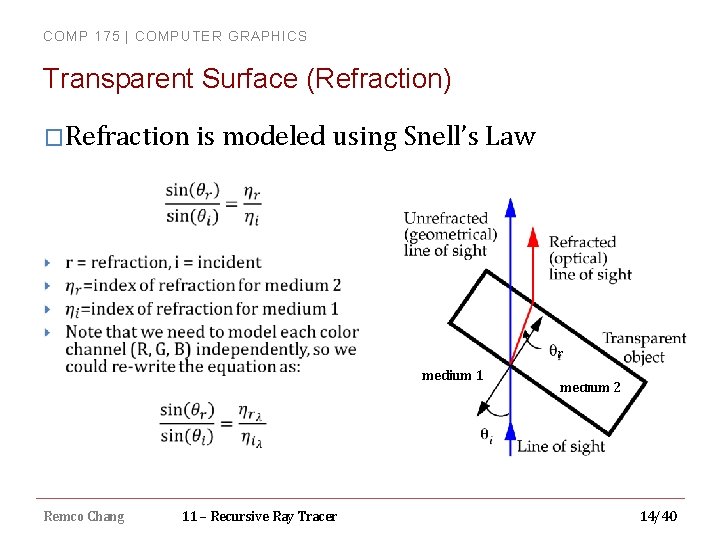 COMP 175 | COMPUTER GRAPHICS Transparent Surface (Refraction) �Refraction is modeled using Snell’s Law