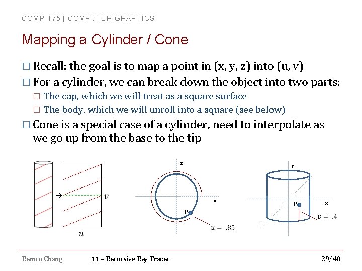COMP 175 | COMPUTER GRAPHICS Mapping a Cylinder / Cone � Recall: the goal