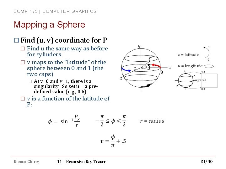 COMP 175 | COMPUTER GRAPHICS Mapping a Sphere � Find (u, v) coordinate for