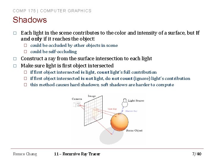 COMP 175 | COMPUTER GRAPHICS Shadows � Each light in the scene contributes to