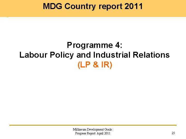 MDG Country report 2011 Programme 4: Labour Policy and Industrial Relations (LP & IR)