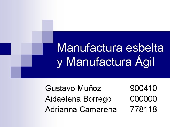 Manufactura esbelta y Manufactura Ágil Gustavo Muñoz Aidaelena Borrego Adrianna Camarena 900410 000000 778118