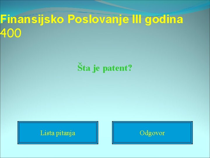 Finansijsko Poslovanje III godina 400 Šta je patent? Lista pitanja Odgovor 