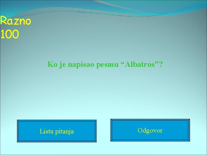 Razno 100 Ko je napisao pesmu “Albatros”? Lista pitanja Odgovor 
