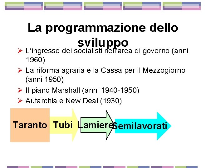 La programmazione dello sviluppo Ø L’ingresso dei socialisti nell’area di governo (anni 1960) Ø