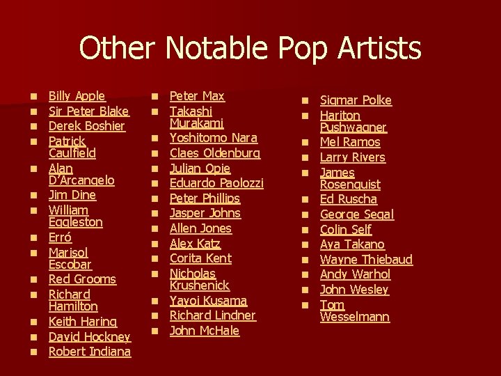 Other Notable Pop Artists n n n n Billy Apple Sir Peter Blake Derek