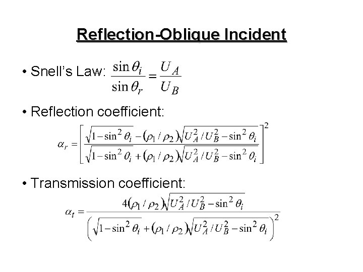 Reflection-Oblique Incident • Snell’s Law: • Reflection coefficient: • Transmission coefficient: 