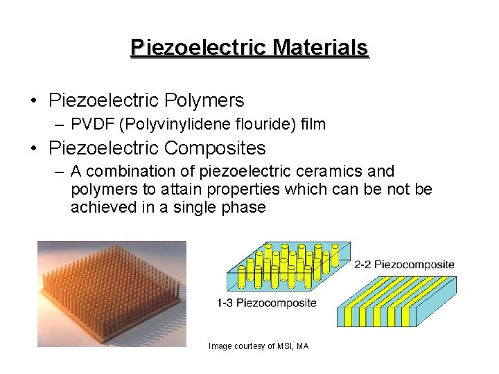 Piezoelectric Materials • Piezoelectric Polymers – PVDF (Polyvinylidene flouride) film • Piezoelectric Composites –
