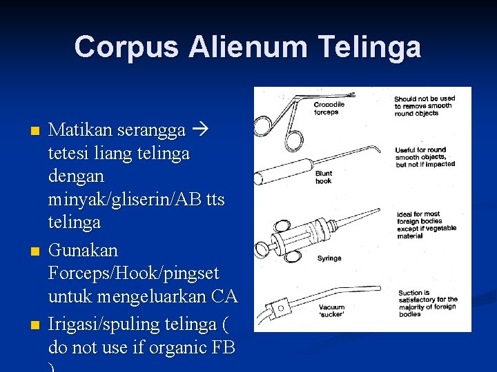 Corpus Alienum Telinga n n n Matikan serangga tetesi liang telinga dengan minyak/gliserin/AB tts