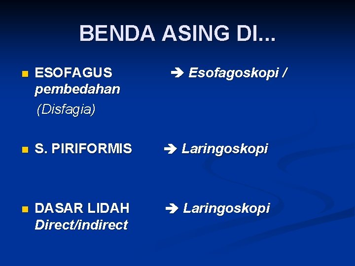 BENDA ASING DI. . . n ESOFAGUS pembedahan (Disfagia) Esofagoskopi / n S. PIRIFORMIS