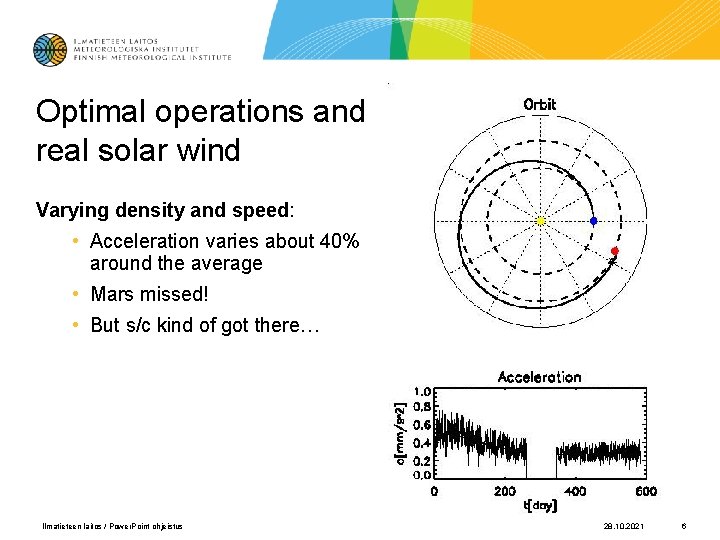 Optimal operations and real solar wind Varying density and speed: • Acceleration varies about