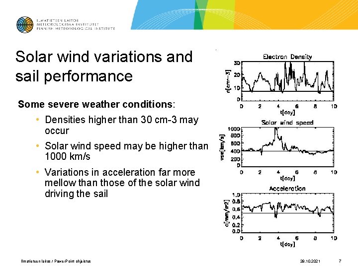 Solar wind variations and sail performance Some severe weather conditions: • Densities higher than