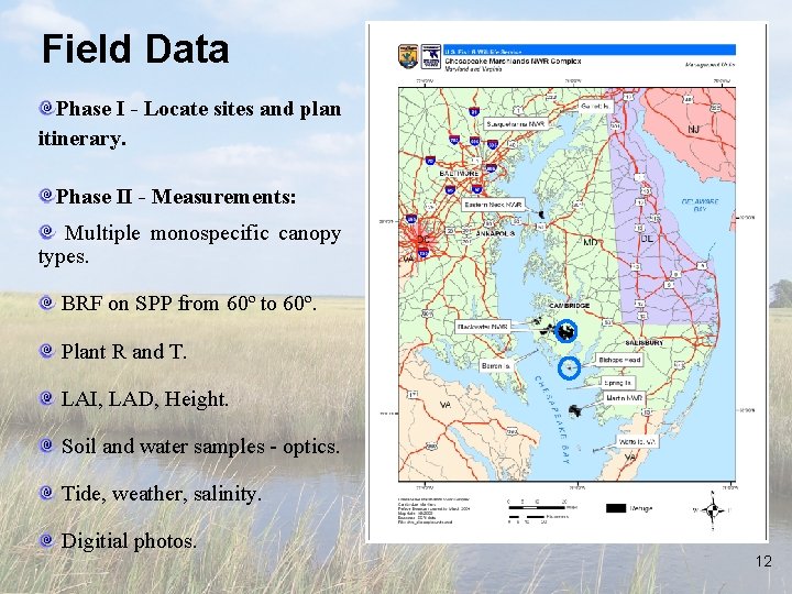 Field Data Phase I - Locate sites and plan itinerary. Phase II - Measurements: