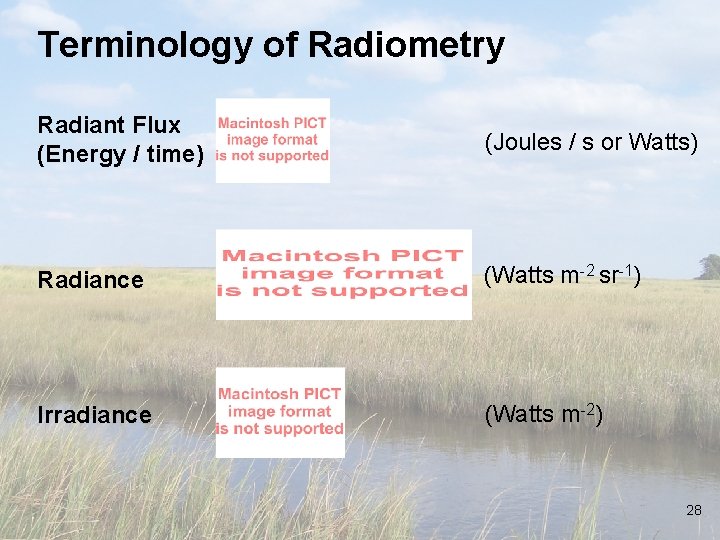 Terminology of Radiometry Radiant Flux (Energy / time) (Joules / s or Watts) Radiance