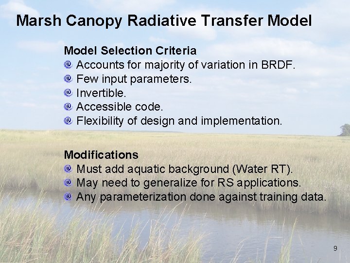 Marsh Canopy Radiative Transfer Model Selection Criteria Accounts for majority of variation in BRDF.