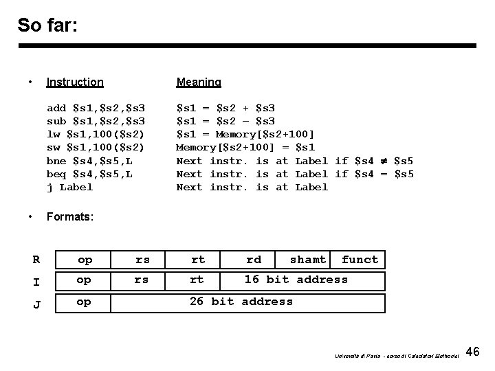 So far: • • Instruction Meaning add $s 1, $s 2, $s 3 sub