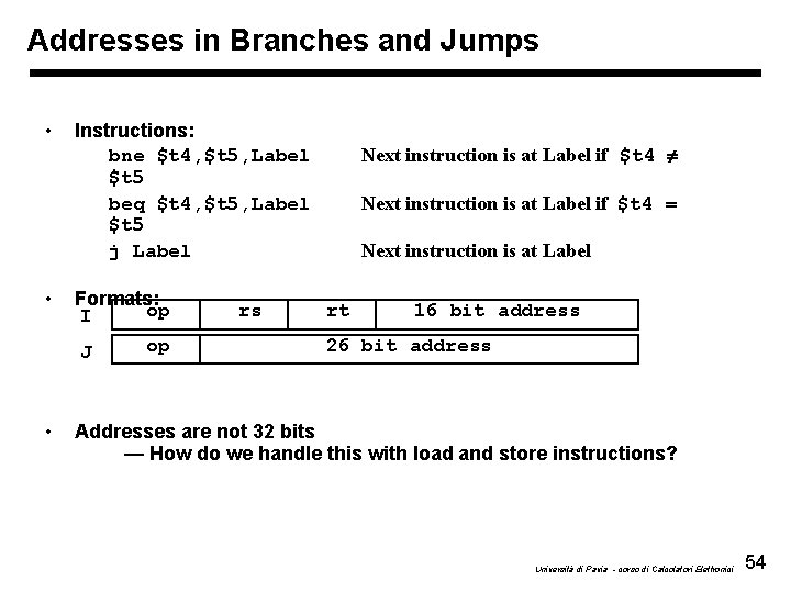 Addresses in Branches and Jumps • • Instructions: bne $t 4, $t 5, Label