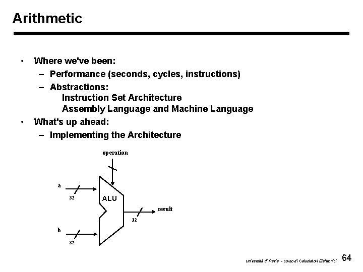 Arithmetic • • Where we've been: – Performance (seconds, cycles, instructions) – Abstractions: Instruction