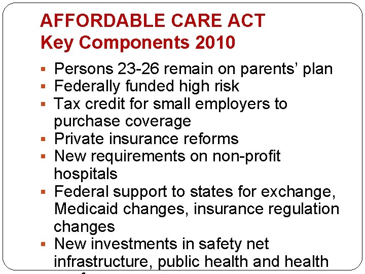 AFFORDABLE CARE ACT Key Components 2010 Persons 23 -26 remain on parents’ plan Federally