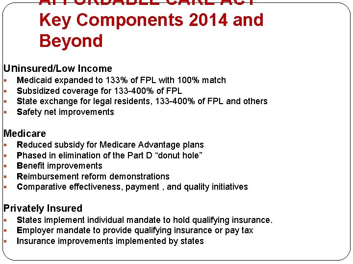 AFFORDABLE CARE ACT Key Components 2014 and Beyond Uninsured/Low Income Medicaid expanded to 133% AFFORDABLE CARE ACT Key Components 2014 and Beyond Uninsured/Low Income Medicaid expanded to 133%